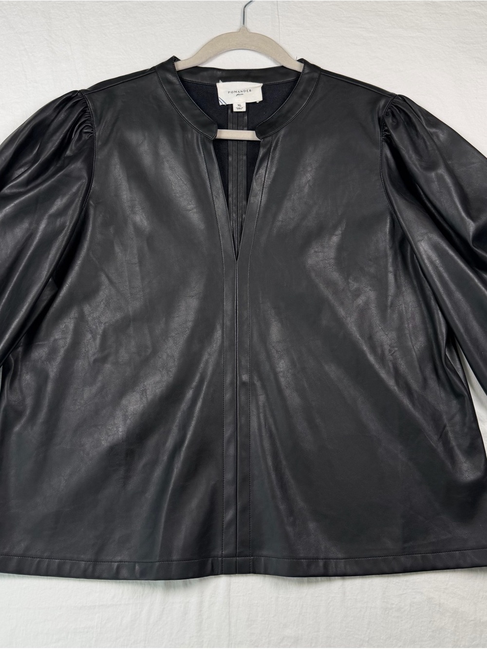 Pomander Place Faux Leather Top XL Black Puff Sleeve Band Collar V Neck